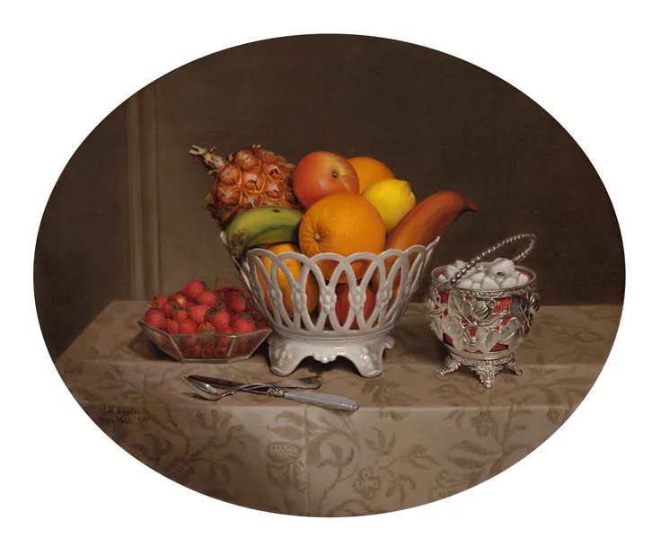 Fruit Piece: oil on canvas by Hannah Brown Skeele, 1860.