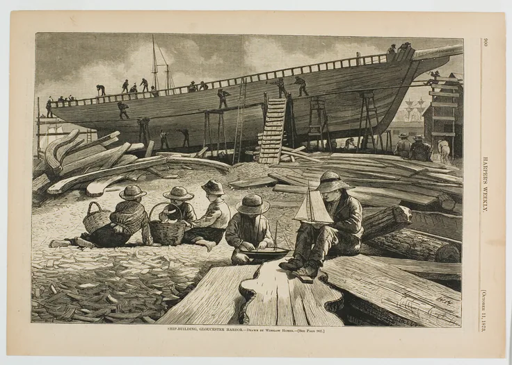 Ship Building, Gloucester Harbor: wood engraving on paper by Winslow Homer, published October 11, 1873.