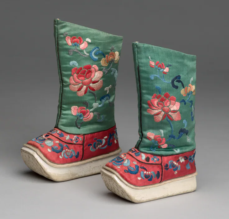 Man's Boots: silk, satin weave, with needlework by China, Qing dynasty (1644–1911), 19th century.