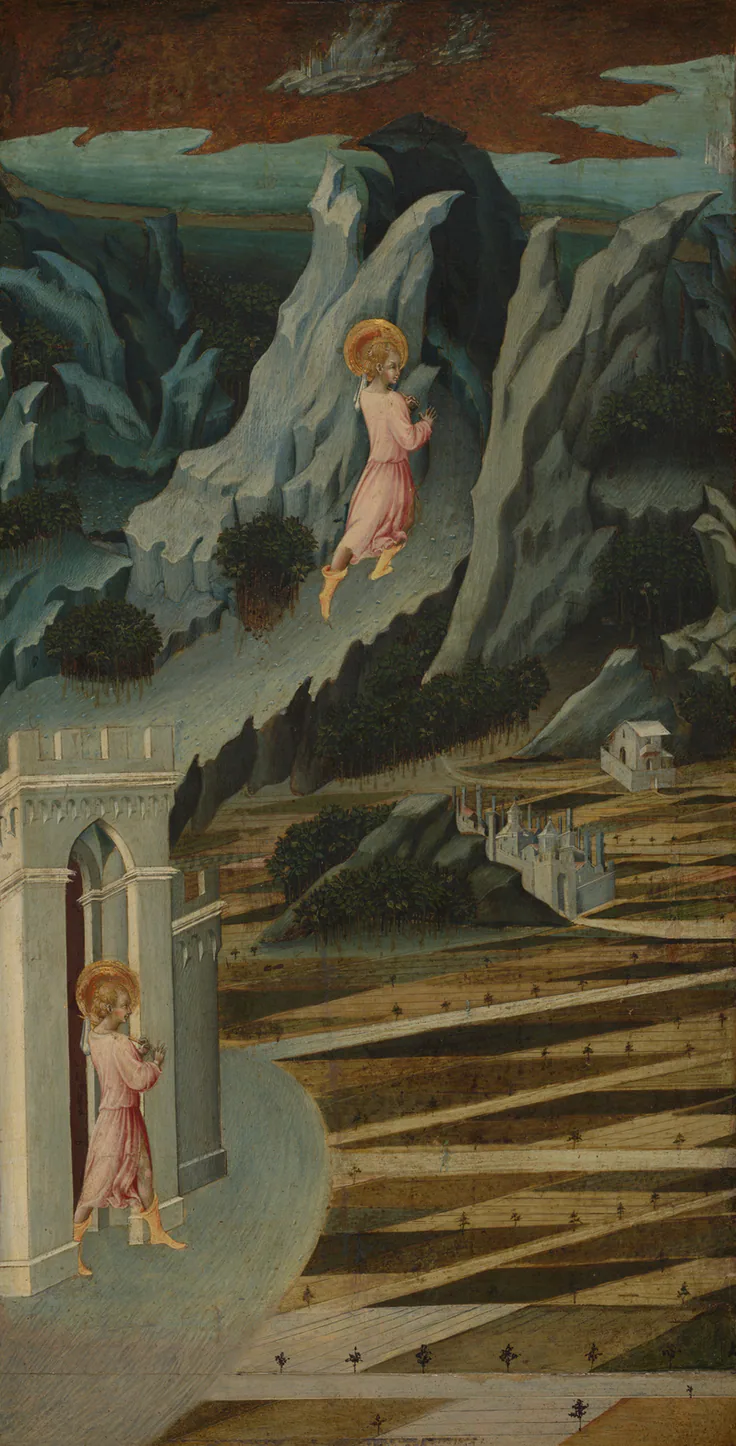 Saint John the Baptist Entering the Wilderness: tempera on panel by Giovanni di Paolo, 1455–60.