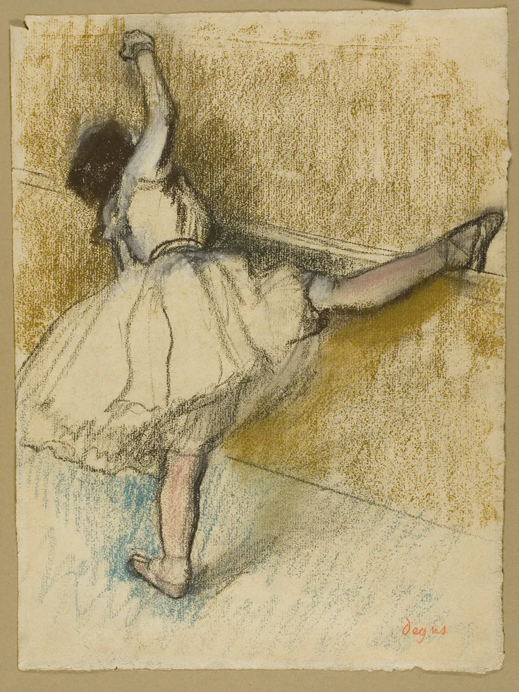 Dancer Stretching at the Bar: pastel with estompe on cream laid paper by Edgar Degas, 1877/80.