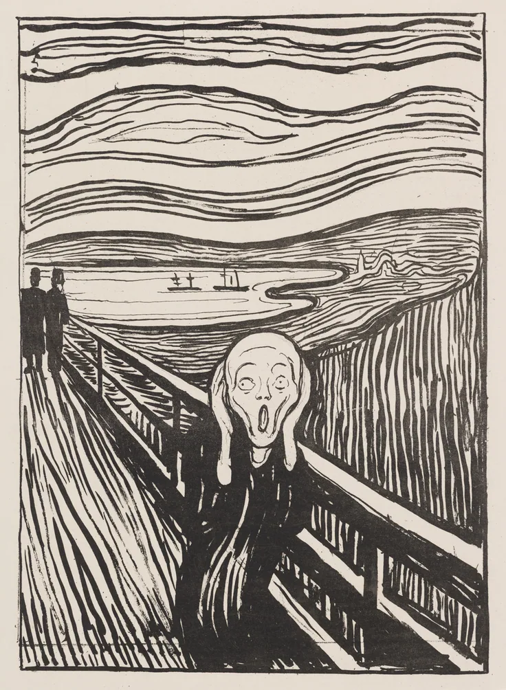 The Scream: lithograph in black ink on cream card by Edvard Munch, 1895.