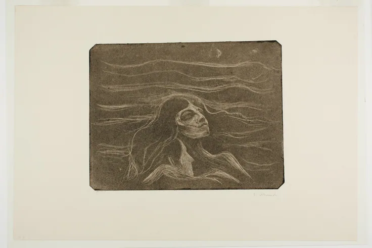 On the Waves of Love: burnished aquatint and drypoint on heavy wove, cream paper by Edvard Munch, 1896.