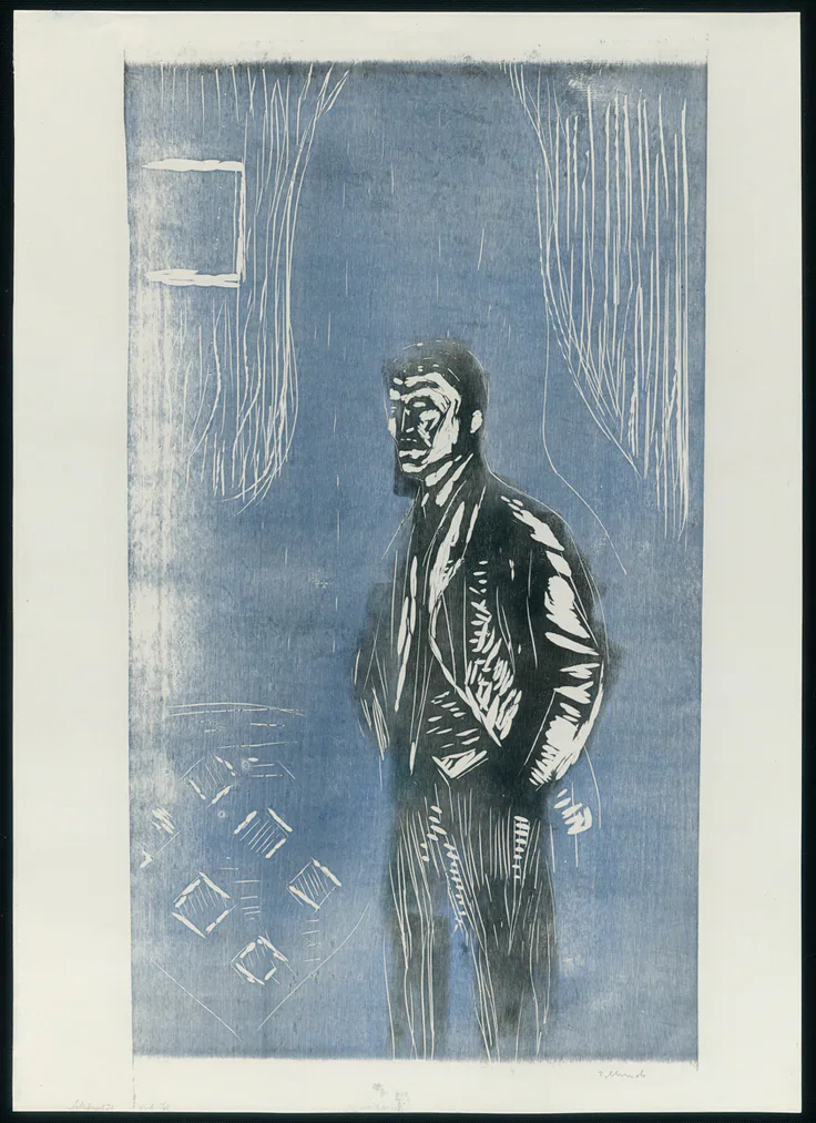 Self-Portrait in Moonlight: woodcut by Edvard Munch, 1904–06.