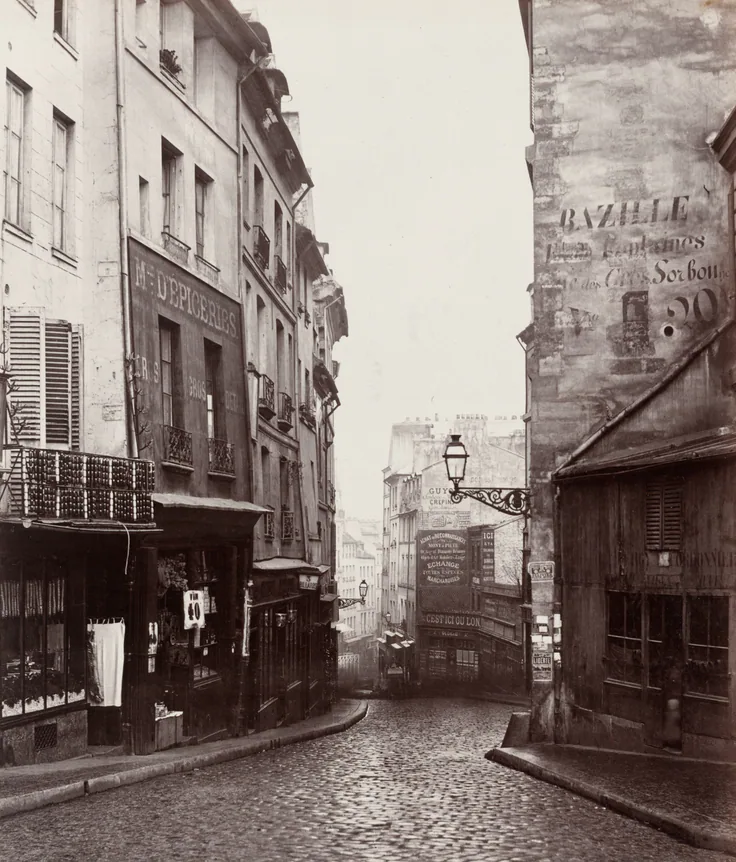 Rue de la Montagne-Sainte-Geneviève near the Intersection of Rue LaPlace (Rue de la Montagne-Sainte-Geneviève prés de carrefour de la rue LaPlace): albumen print by Charles Marville, 1865/69.