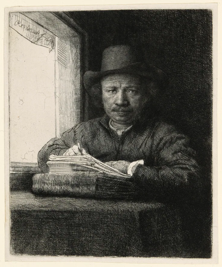 Self-Portrait Etching at a Window: etching, drypoint and burin in black on ivory laid paper by Rembrandt van Rijn, 1648.