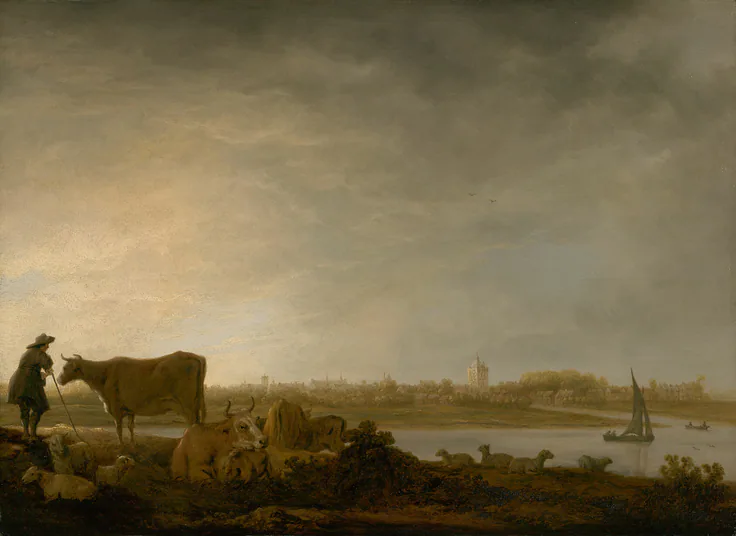 A View of Vianen with a Herdsman and Cattle by a River: oil on panel by Aelbert Cuyp, c. 1643–c. 1645.