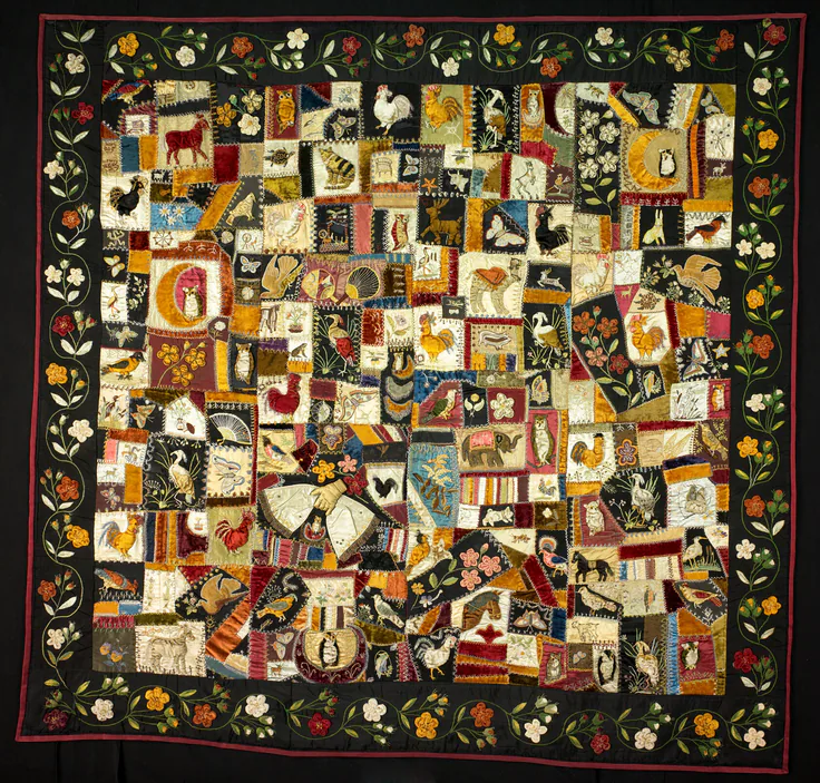 'Crazy Quilt' with Animals: textile by Designed and executed by Florence Elizabeth Marvin, 1886.