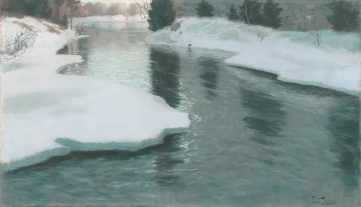 Melting Snow: pastel by Frits Thaulow, 1887.