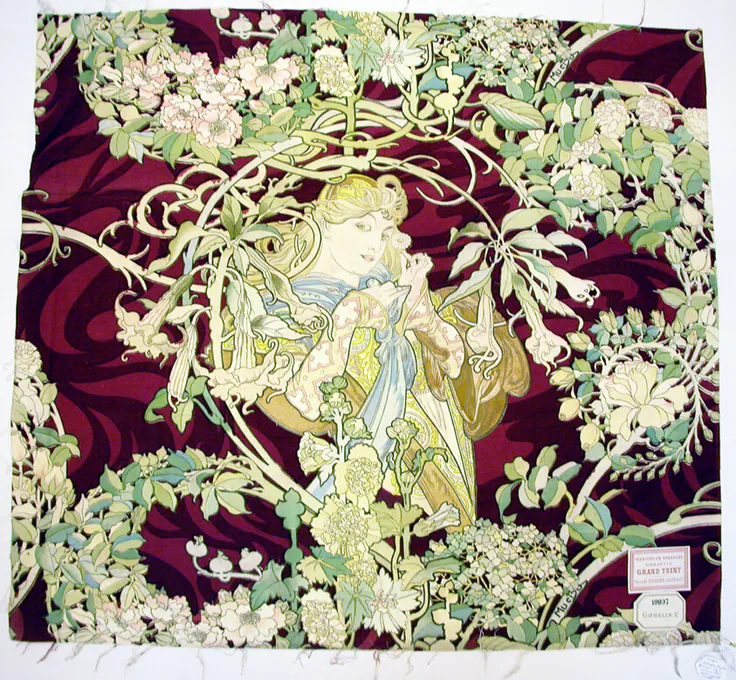 Panel Entitled "Femme à marguerite" (Woman with Daisy): cotton, plain weave; screen printed by Designed by Alphonse Marie Mucha, c. 1898/1900.