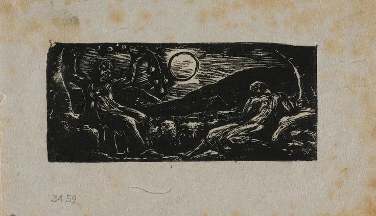Thenot Under Fruit Tree, from The Pastorals of Virgil: wood engraving on off-white wove paper by William Blake, 1821.