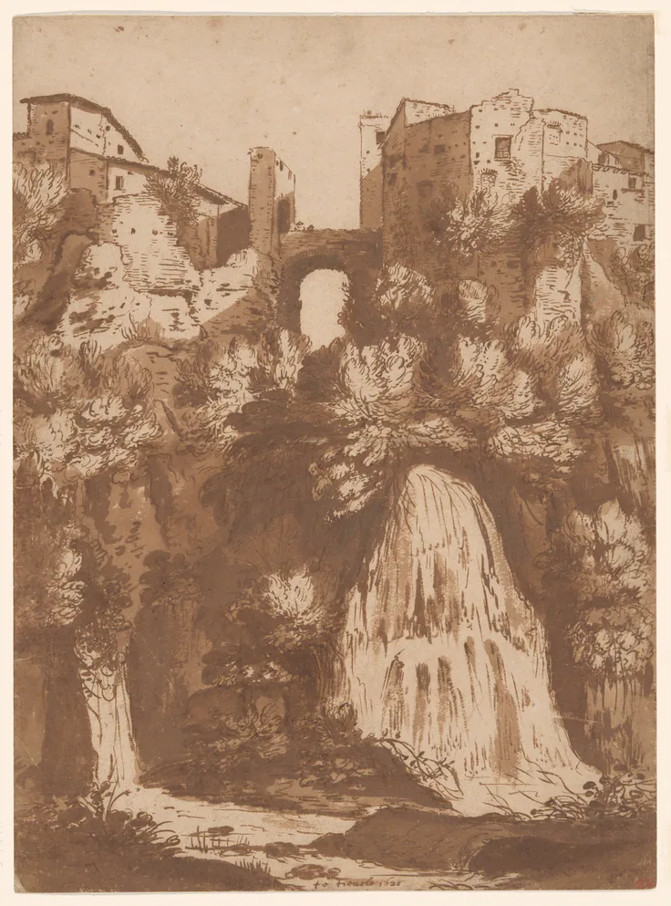 View of Tivoli with the Bridge Over the Anio Waterfall: pen and ink drawings by Cornelis van Poelenburgh, 1620.