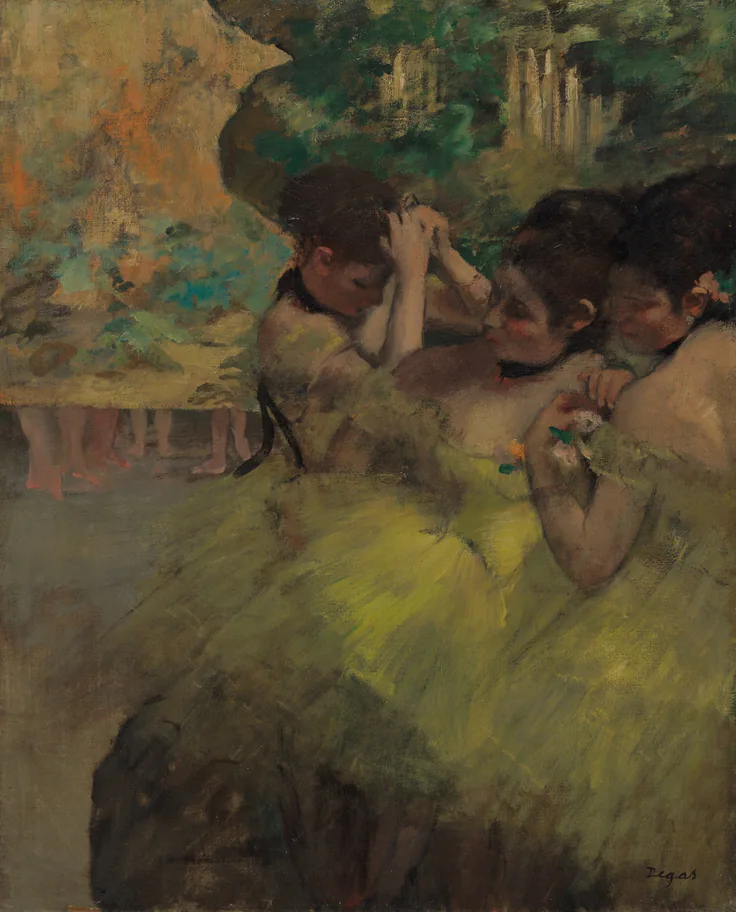 Yellow Dancers (In the Wings): oil on canvas by Edgar Degas, 1874–76.