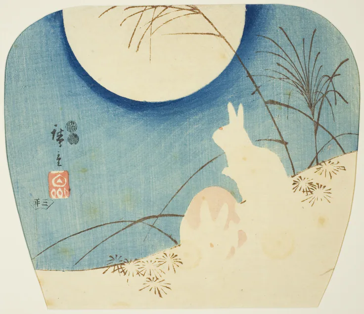 Rabbits in moonlight: color woodblock print; uchiwa-e by Utagawa Hiroshige 歌川 広重, c. 1849/52.