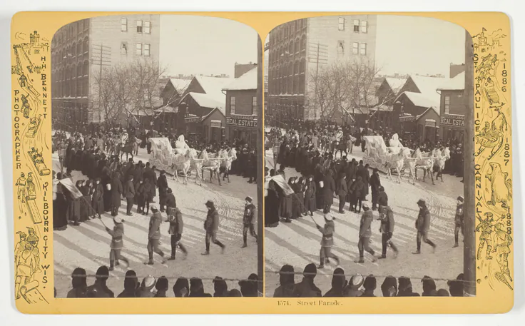 Street Parade, No. 1574 from the series "St. Paul Ice Carnival": albumen print, stereo by Henry Hamilton Bennett, 1886/88.