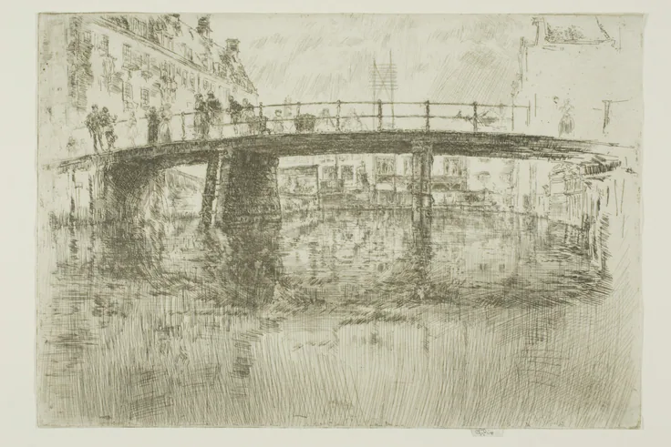 Bridge, Amsterdam: etching with foul biting in black ink on ivory laid paper by James McNeill Whistler, 1889.