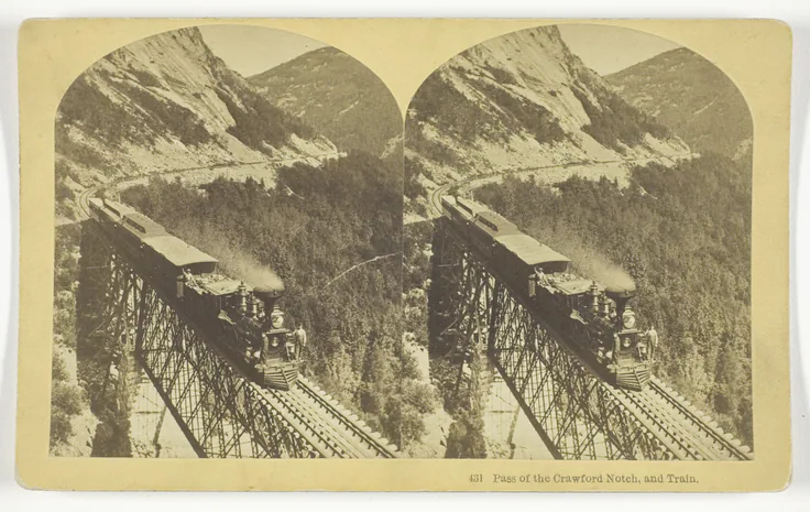 Pass of the Crawford Notch, and Train: albumen print, stereo by B. W. Kilburn, Late 19th century.