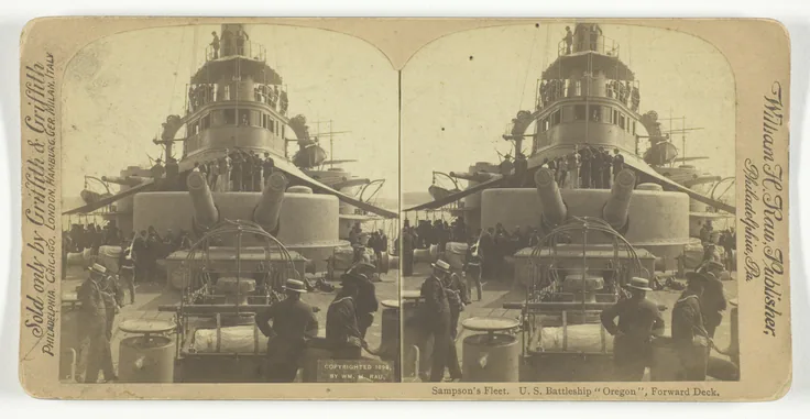 Sampson's Fleet. U.S. Battleship "Oregon", Forward Deck: albumen print, stereo by William H. Rau, 1898.