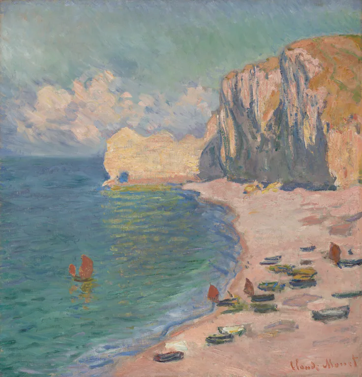 Étretat: The Beach and the Falaise d'Amont: oil on canvas by Claude Monet, 1885.