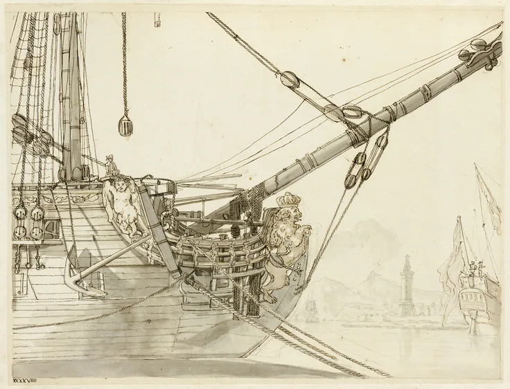 Study of a Warship's Prow with British Warships and Naples Harbor Beyond: drawings (visual works) by Claude-Joseph Vernet, c. 1748.