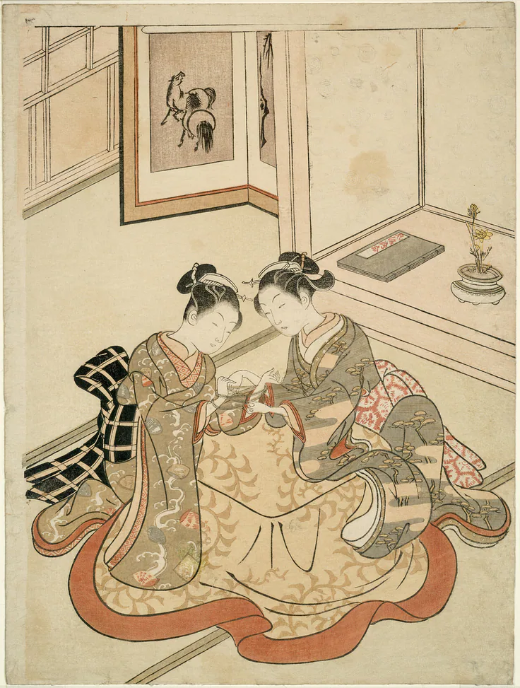 Young Women Playing Cat's Cradle: color woodblock print; chuban by Attributed to Suzuki Harunobu 鈴木 春信, c. 1767/68.