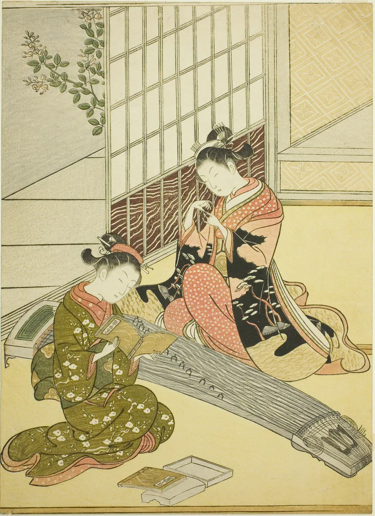 Descending Geese of the Koto Bridges (Kotoji no rakugan), from the series "Eight Views of the Parlor (Zashiki hakkei)": color woodblock print; chuban by Suzuki Harunobu 鈴木 春信, c. 1766.