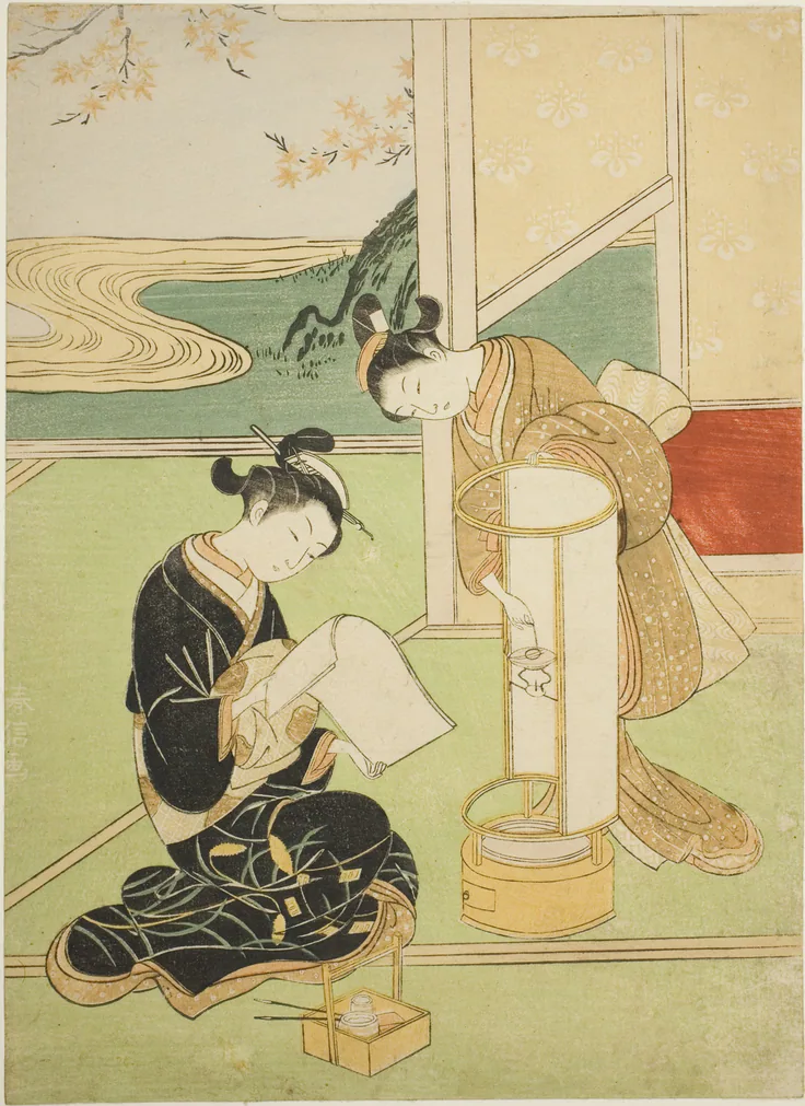 Evening Glow of a Lamp (Andon no sekisho), from the series "Eight Views of the Parlor (Zashiki hakkei)": color woodblock print; chuban by Suzuki Harunobu 鈴木 春信, c. 1766.