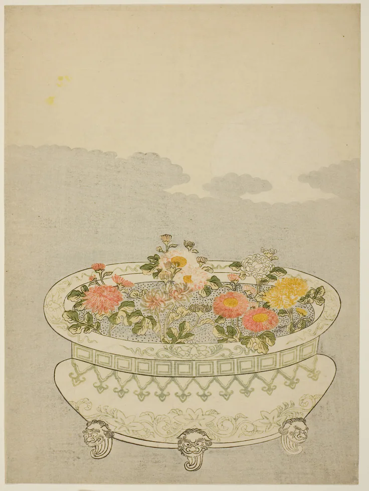 Chrysanthemums and the Rising Moon: color woodblock print; chuban by Attributed to Suzuki Harunobu 鈴木 春信, c. 1766.