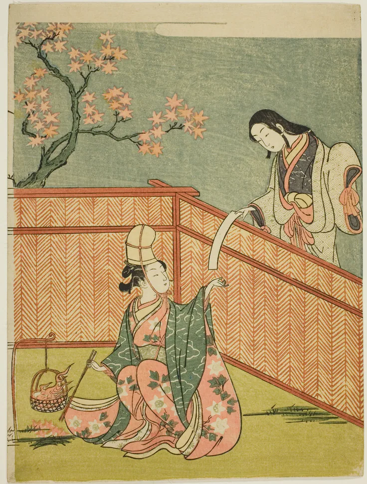 Burning Autumn Maple Leaves: color woodblock print; chuban by Suzuki Harunobu 鈴木 春信, 1765.