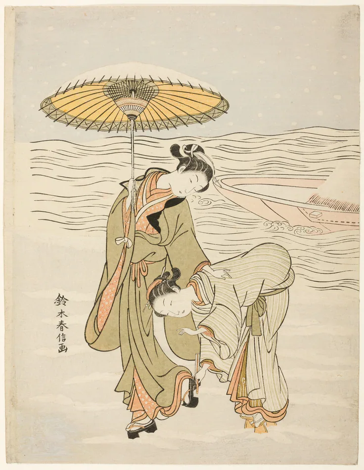 The Snow-Clogged Geta: color woodblock print; chuban by Suzuki Harunobu 鈴木 春信, c. 1767/68.