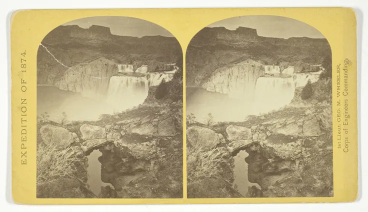 Shoshone Falls, Snake River, Idaho. Gorge and natural bridge, in the fore-ground, No. 50 from the series "Geographical Explorations and Surveys West of the 100th Meridian": albumen print, stereo by Timothy O'Sullivan, 1874.