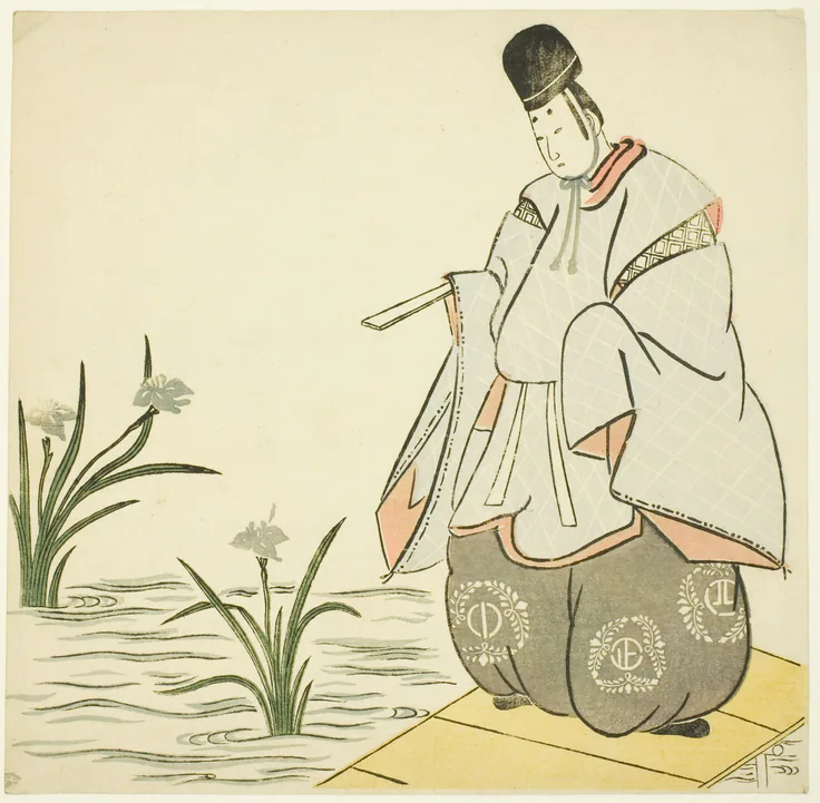 Narihira at Yatsuhashi Bridge: color woodblock print by Artist unknown, 1765.