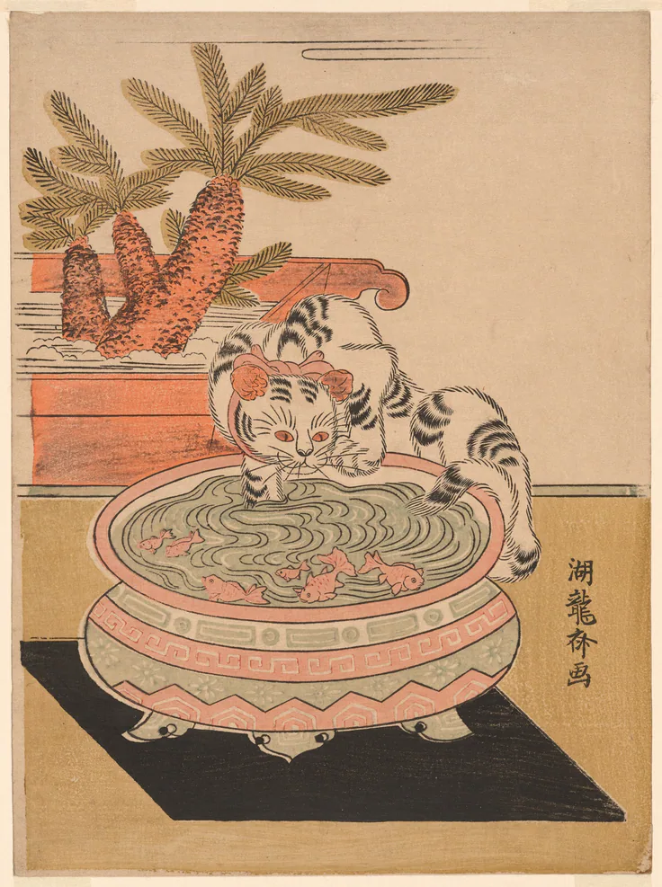 Cat Pawing at Goldfish: color woodblock print; chuban by Isoda Koryusai, c. early 1770s.