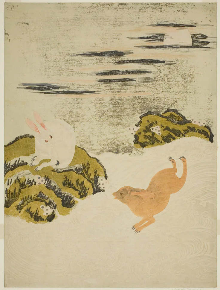 Hares Playing in Surf on a Moonlit Night: color woodblock print; chuban by Attributed to Isoda Koryusai, c. 1771.