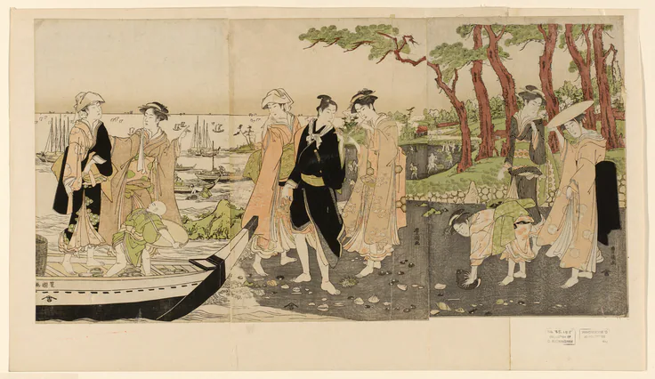 Gathering shell fish at low tide: color woodblock print; oban triptych by Utagawa Toyokuni I 初代 歌川 豊国, c. 1789/1801.