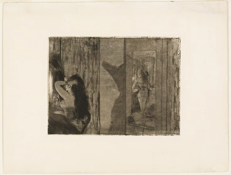 Actresses in Their Dressing Rooms: etching and aquatint in black on cream wove paper by Edgar Degas, 1879–80.