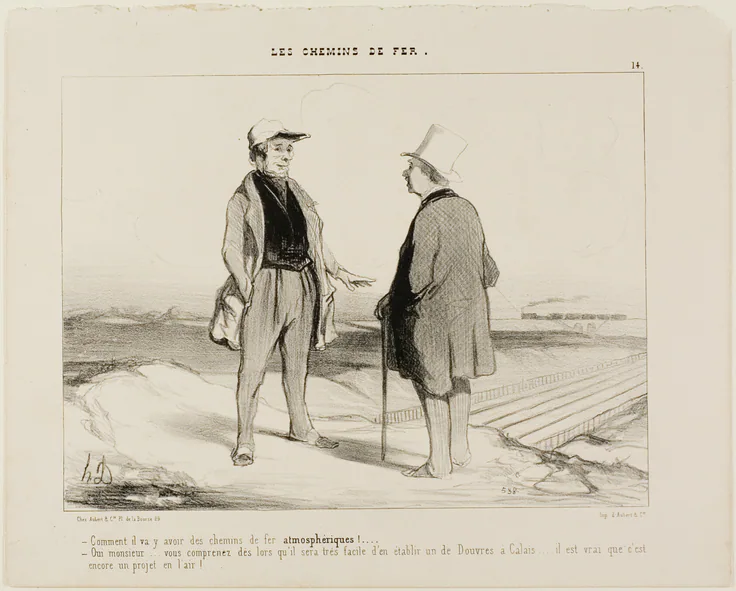 “- What do you mean, there are soon going to be air trains? - But of course, Monsieur... you see, it will then be very easy to establish a connection between Dover and Calais... but of course, the pro: lithograph in black on ivory wove paper by Honoré Victorin Daumier, 1843.