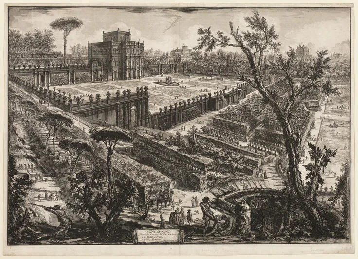 Villa Pamphili outside Porta S. Pancrazio, from Views of Rome: etching on heavy ivory laid paper by Giovanni Battista Piranesi, 1776, published 1800–07.