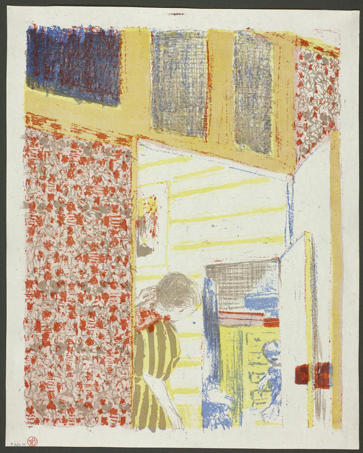 Interior with Pink Wallpaper III, plate seven from Landscapes and Interiors: color lithograph on grayish-ivory China paper by Edouard Vuillard, 1899.