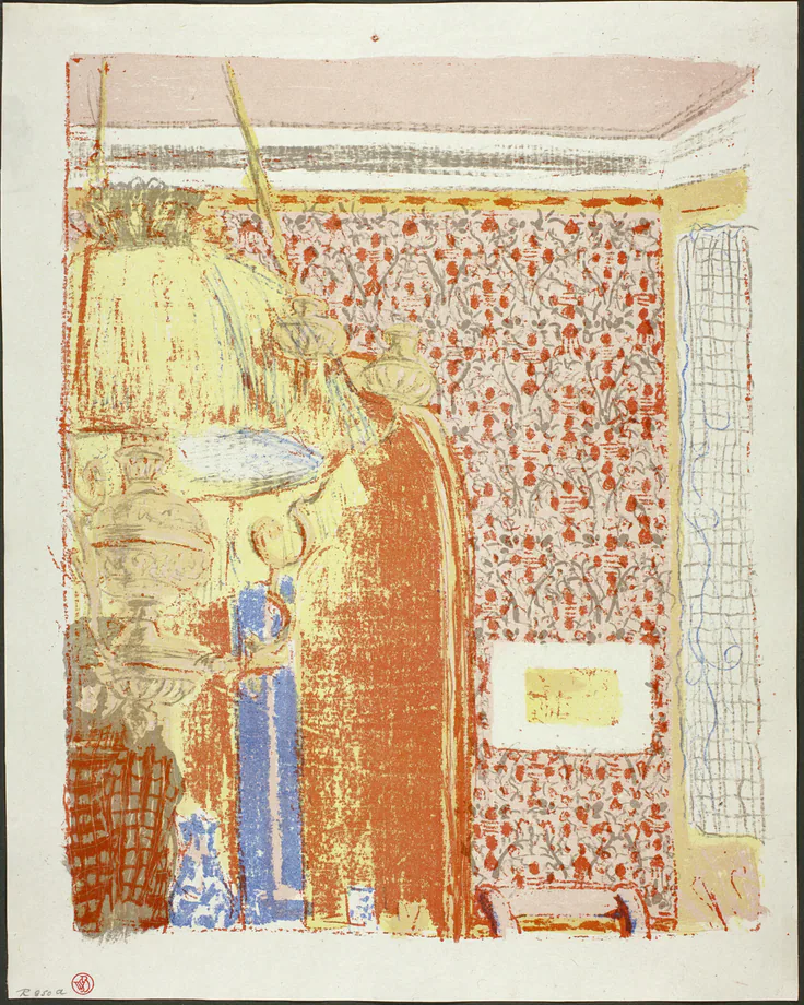 Interior with Pink Wallpaper II, plate six from Landscapes and Interiors: color lithograph on grayish-ivory China paper by Edouard Vuillard, 1899.