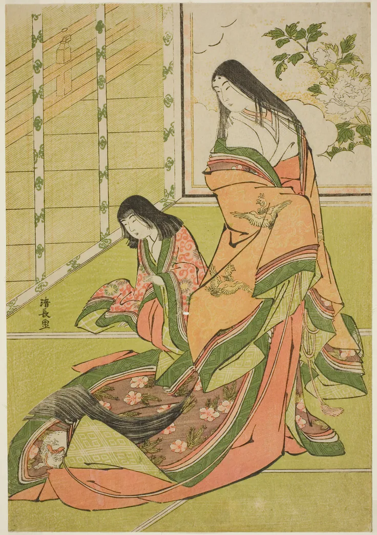 The Third Princess and Her Kitten, from an untitled series of court ladies: color woodblock print; oban by Torii Kiyonaga, c. 1784.