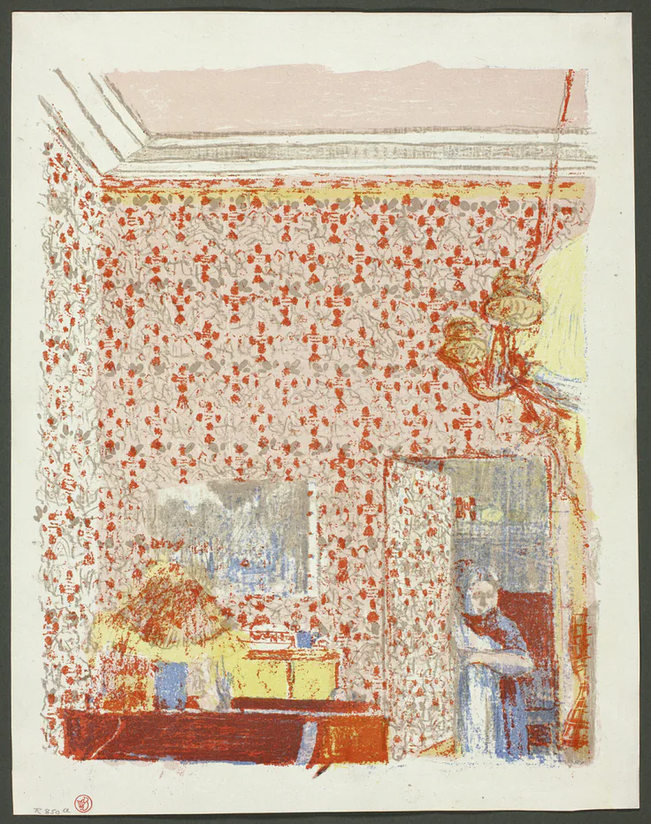 Interior with Pink Wallpaper I, plate five from Landscapes and Interiors: color lithograph on grayish-ivory China paper by Edouard Vuillard, 1899.