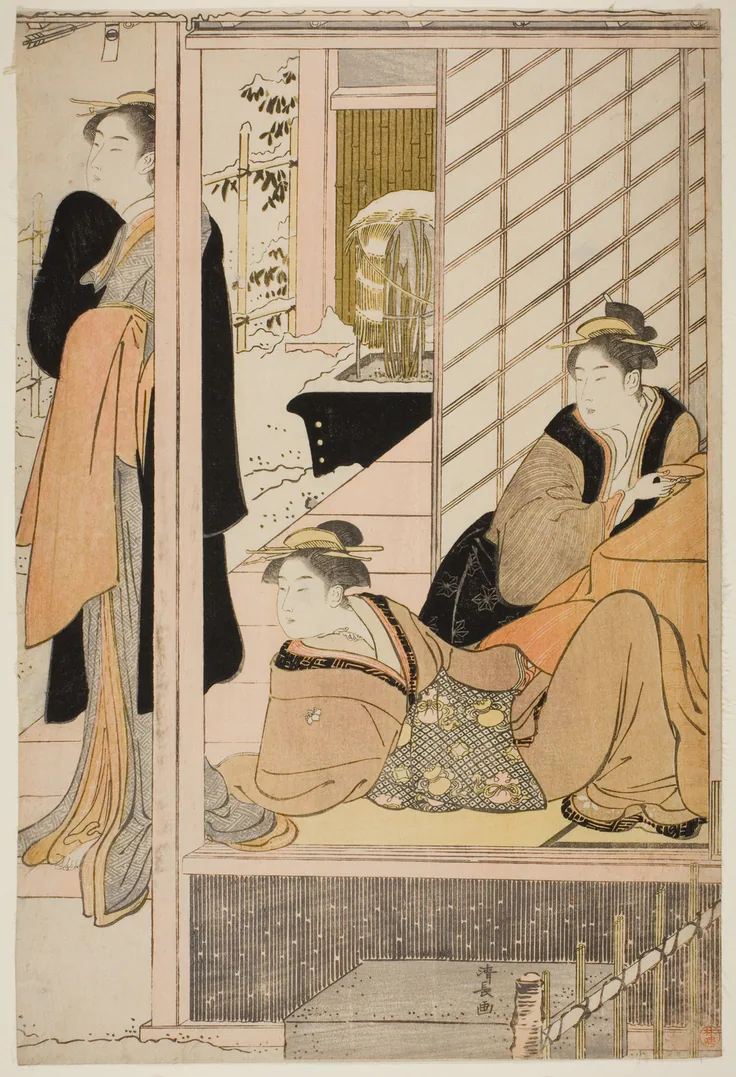 Women Viewing a Snowy Garden from a Parlor: color woodblock print; right sheet of oban diptych by Torii Kiyonaga, c. 1786.