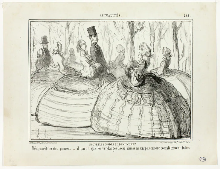 New Fashion of the Half-World. Reappearance of the baskets – it seems that these ladies are not yet quite done with their harvest, plate 295 from Actualités: lithograph in black on ivory wove paper by Honoré-Victorin Daumier, published December 4, 1856.