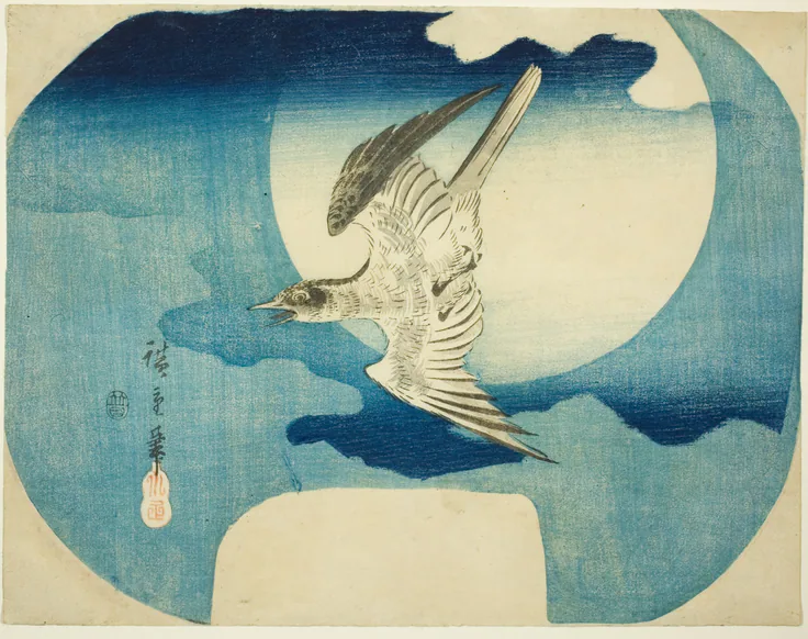 A Cuckoo Against the Moon: color woodblock print; uchiwa-e by Utagawa Hiroshige 歌川 広重, c. 1843/46.