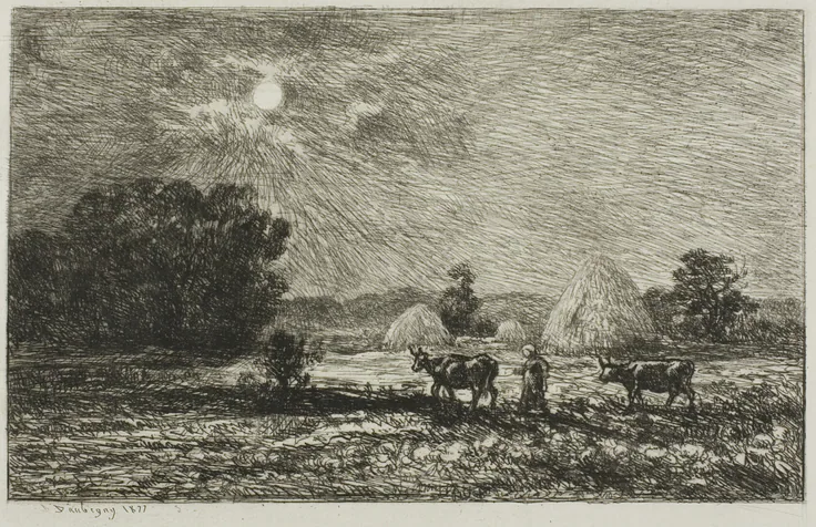 Moonlight at Valmondois: etching and drypoint on white laid paper by Charles François Daubigny, 1877.