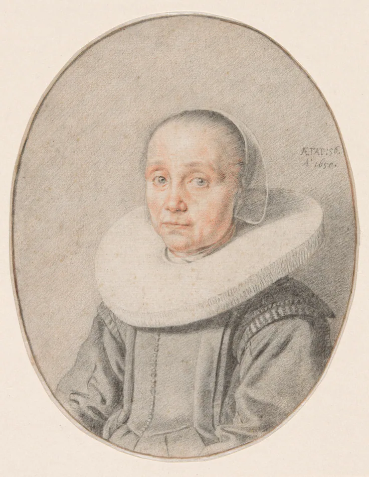 A Portrait of a Woman: black and red chalk on ivory laid paper by Jan de Bray, 1650.