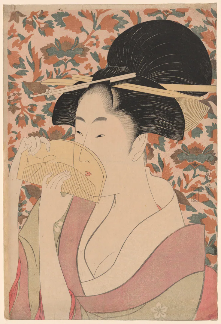 Woman Holding a Tortoise-shell Hair-comb: color woodblock print; oban by Kitagawa Utamaro 喜多川 歌麿, c. 1795/96.