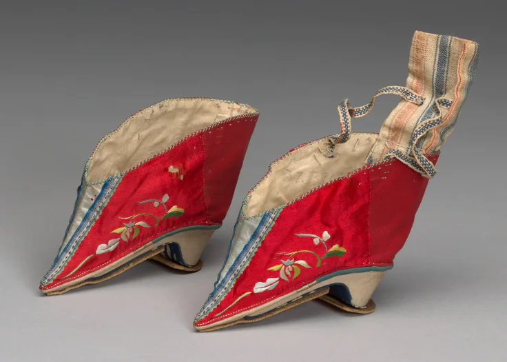 Woman's Shoes: blue and red sateen, gilt trim by China, Qing dynasty (1644–1911), 19th century.