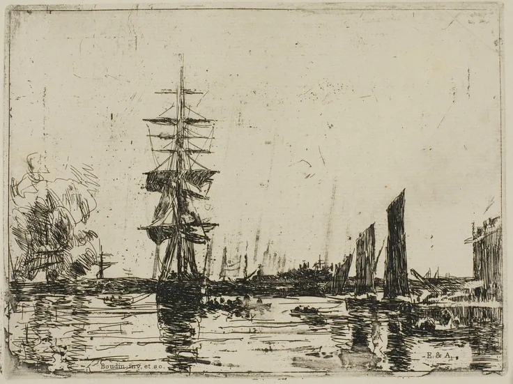 Seascape with Boats: etching on ivory laid paper by Eugène Louis Boudin, 1898.